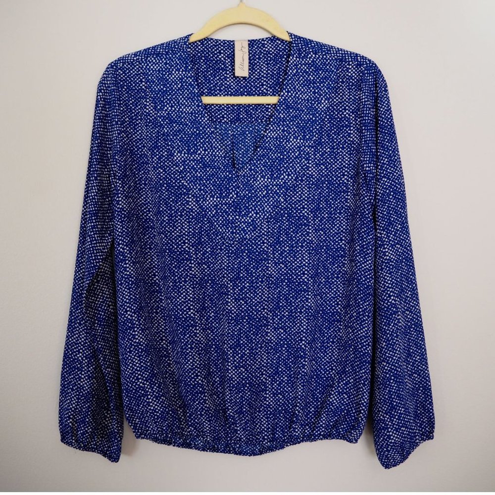 Allison Joy Blue and White Printed V Neck Long Sleeve Shirt Size S